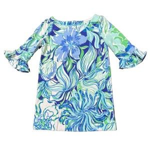 Lilly Pulitzer Girls Mini Lula Dress Blue Green Floral Puffy Sleeve XS 2-3